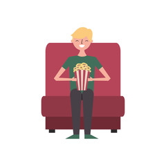 young man sitting in cinema seat with pop corn   vector illustration