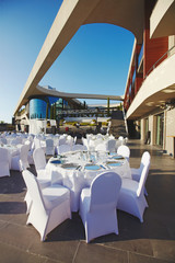 Luxury wedding decorated round tables