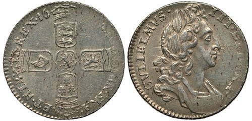 United Kingdom British silver coin 6 six pence 169?, four crowned shields with lions, lily and harp in cross-like pattern, bust of King William III right, 