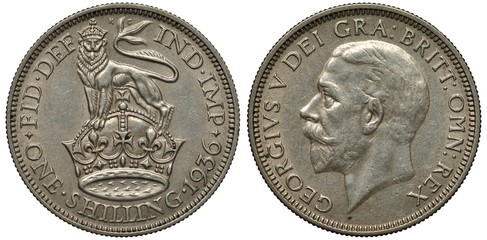 United Kingdom British silver coin 1 one shilling 1936, English type, crowned lion standing on crown, head of King George V left, 