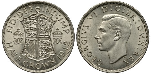 United Kingdom British silver coin 1/2 half crown 1942, WWII issue, shield with lions and harp flanked by crowned monograms, head of King George VI left, 