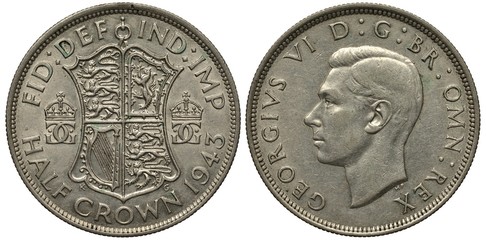 United Kingdom British silver coin 1/2 half crown 1943, WWII issue, shield with lions and harp flanked by crowned monograms, head of King George VI left, 