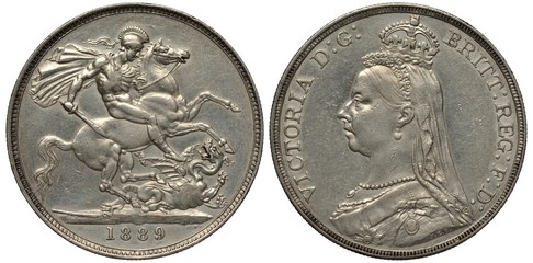 Great Britain British coin 1 one crown 1889, Saint George on horse killing dragon, bust of Queen...