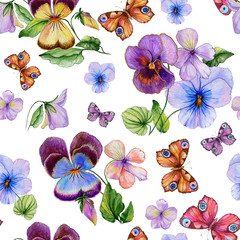 Beautiful vivid viola flowers leaves and bright butterflies on white background. Seamless spring or summer floral pattern. Watercolor painting. Hand painted.