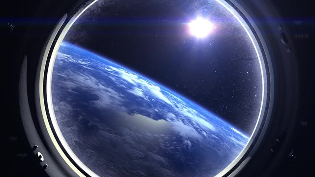 Earth as seen through window of International Space Station. ISS. Flies away. The horizon is turned to the right. Volumetric clouds. View from space. Stars twinkle. Earth. The sun is in the window.
