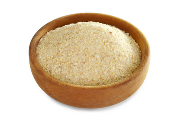 Bread crumbs in wooden bowl isolated on white background