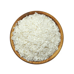 White rice in wooden bowl isolated on white background