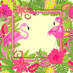 Beautiful Hawaiian wallpaper with exotic flowers, tropical leaves and pink flamingo for wedding and party invitations, t shirt prints, fabric, textile, poster, greeting card, web design
