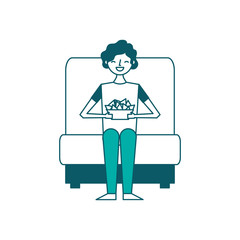young man sitting in cinema seat with nachos vector illustration