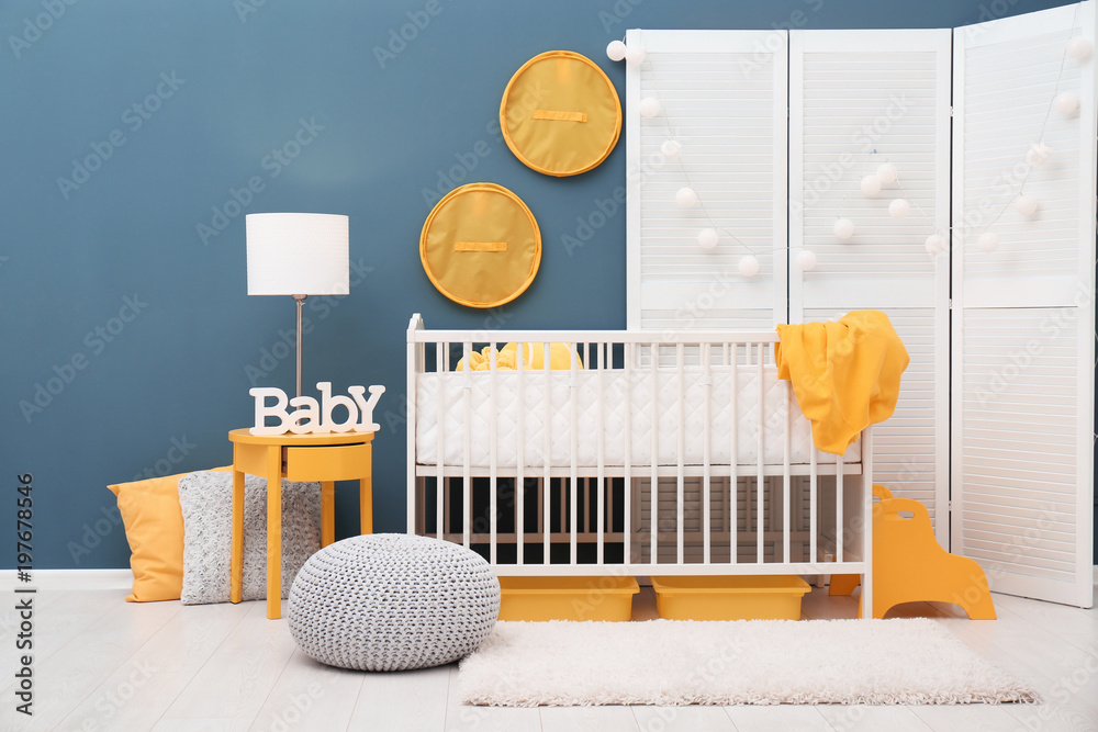 Poster Beautiful interior of baby room with  crib