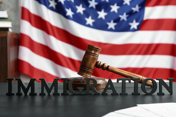 Word IMMIGRATION, gavel and American flag on background