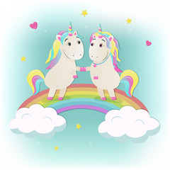 Cute magical unicorns in love on the rainbow. Vector illustration.