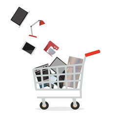 Shopping cart with home appliances and electronics. Vector illustration.