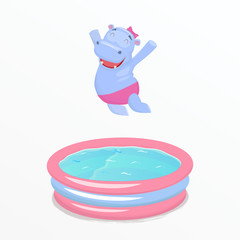 Happy hippo girl jumping into waterpool. Vector illustration.
