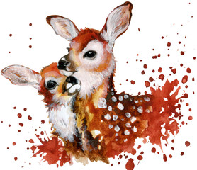 Cute baby deers. Watercolor illustration with splash isolated on white.