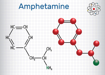 Amfetamine (amphetamine, C9H13N) molecule, is a potent central nervous system stimulant. Structural chemical formula and molecule model. Sheet of paper in a cage.