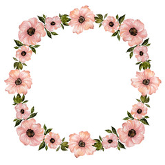 Floral frame illustration. Beautiful pink flowers with green leaves. Round pattern on white background with space for your text in the middle.  Watercolor painting. Isolated.