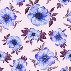 Large blue simple flowers with purple leaves on pink  background. Seamless vintage floral pattern.  Watercolor painting. Hand drawn illustration. - 197680527