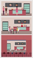 banners people cinema theater shop snacks vector illustration