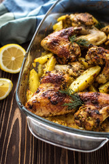 Baked chicken wings with potatoes on a wooden background