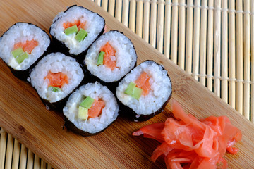 Ready rolls on a wooden stand, ginger, top view