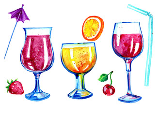 Watercolor illustration of cocktails isolated on white.