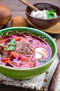 Bowl of borscht. First dish with beetroots, cabbage and beef. Traditional Russian and Ukrainian cuisine