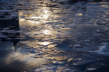 Ice on a frozen river, sun reflection