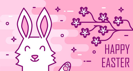 Obraz na płótnie Canvas Happy Easter greeting card with rabbit and Sakura on pink background. Thin line flat design. Vector illustration.