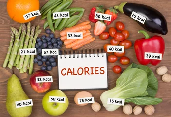 Foto op Plexiglas Fruits and vegetables with calories labels © photka