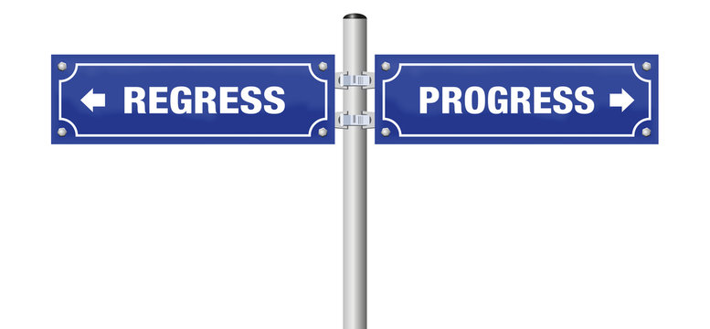 PROGRESS and REGRESS, written on two signposts. Isolated vector illustration on white background.