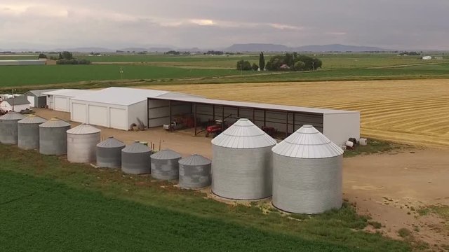Drone flyover of silos on wheat farm