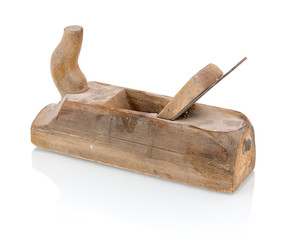 Vintage wood working tool isolated on white background with shadow reflection. Old jack plane on white backdrop. Brown wood scraper isolated on white. Wooden jointer. Hand tool for wood treatment.