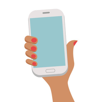 Woman's hand with dark skin and manicure holding smartphone. Vector illustration