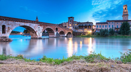 The famous roman Ponte Pietro bridge in Verona, Italy