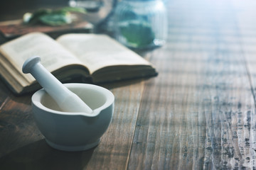 Mortar and pestle on the pharmacist's table