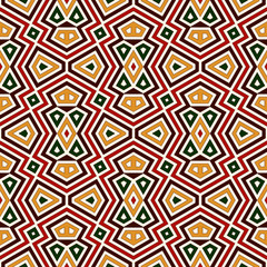 Seamless pattern in Christmas traditional colors. Bright ornamental abstract background. Ethnic and tribal motifs.