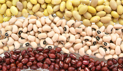 The ranks of different beans . black eyes, adzuki and edamame . View from above.