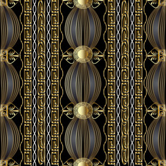 Vintage gold greek 3d seamless pattern. Abstract vector meanders background. Modern ornament with vertical stripes, waves, lines, shapes, flowers, circles, greek key borders. For wallpapers, fabric