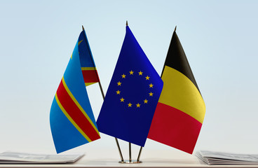 Flags of Democratic Republic of the Congo (DRC, DROC, Congo-Kinshasa) European Union and Belgium