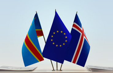 Flags of Democratic Republic of the Congo (DRC, DROC, Congo-Kinshasa) European Union and Iceland