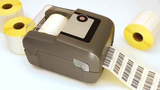 Printing of barcode labels with direct thermal or thermal transfer printing process. Print of barcodes on roll of labels.