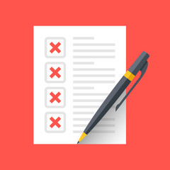 Document with x marks and pen. Checklist and red crosses icons. Modern flat design graphic elements. Vector icon