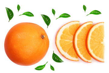 Orange with slice decorated with green leaves isolated on the white background. Flat lay pattern. Top view