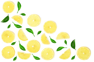lemon decorated with leaves and slices isolated on white background with copy space for your text. Flat lay, top view