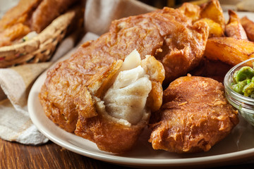 Traditional fish in beer batter and chips