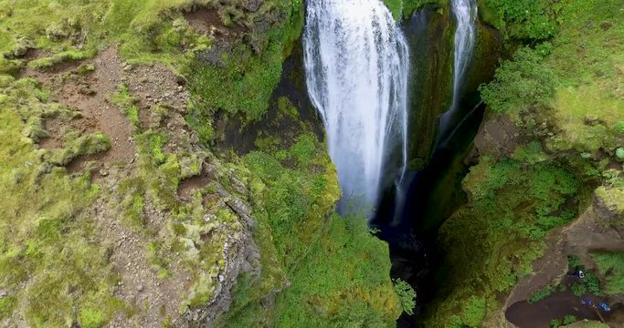Flight over waterfall in iceland.