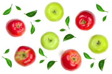 red and green apples decorated with green leaves isolated on white background top view. Flat lay pattern