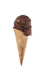 hand holding chocolate ice cream with cone isolated on white background