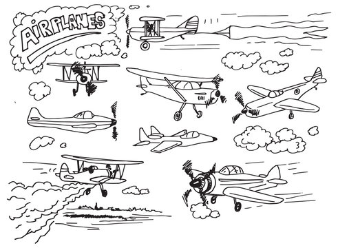 Set of hand drawn airplanes